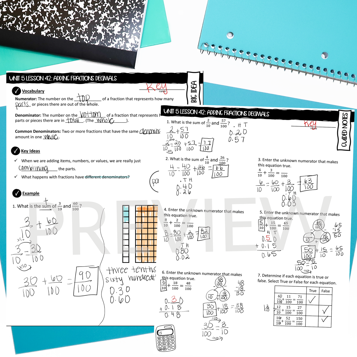 Adding Fraction Decimals Guided Notes Lesson 4th Grade Math CCSS-Aligned