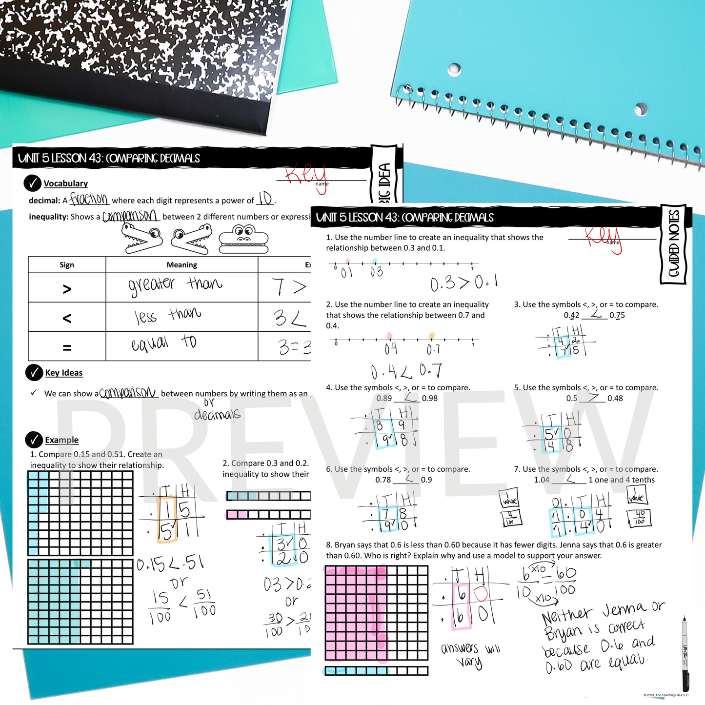 Comparing Decimals Guided Notes Lesson 4th Grade Math CCSS-Aligned