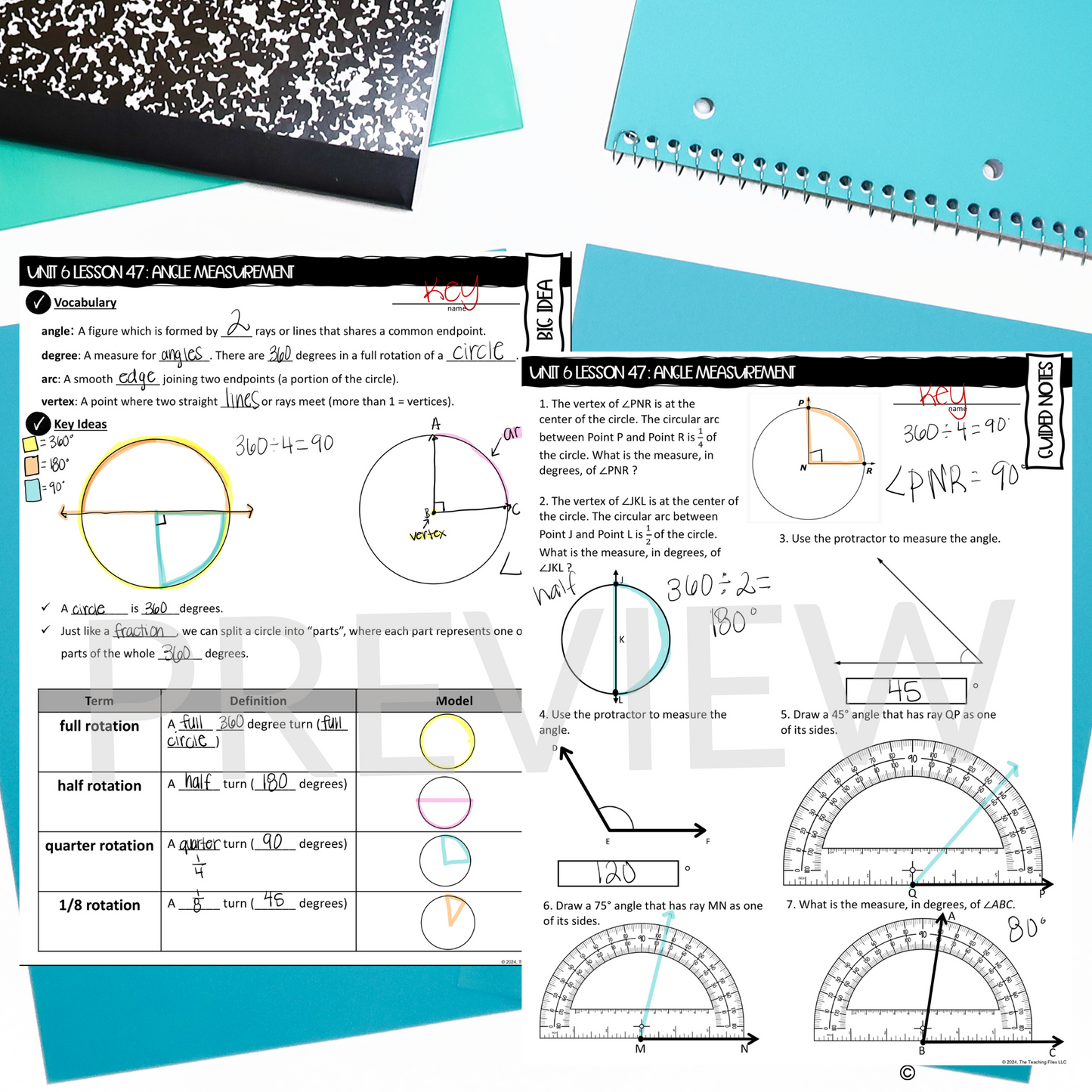 Measuring Angles Guided Notes Lesson 4th Grade Math CCSS-Aligned