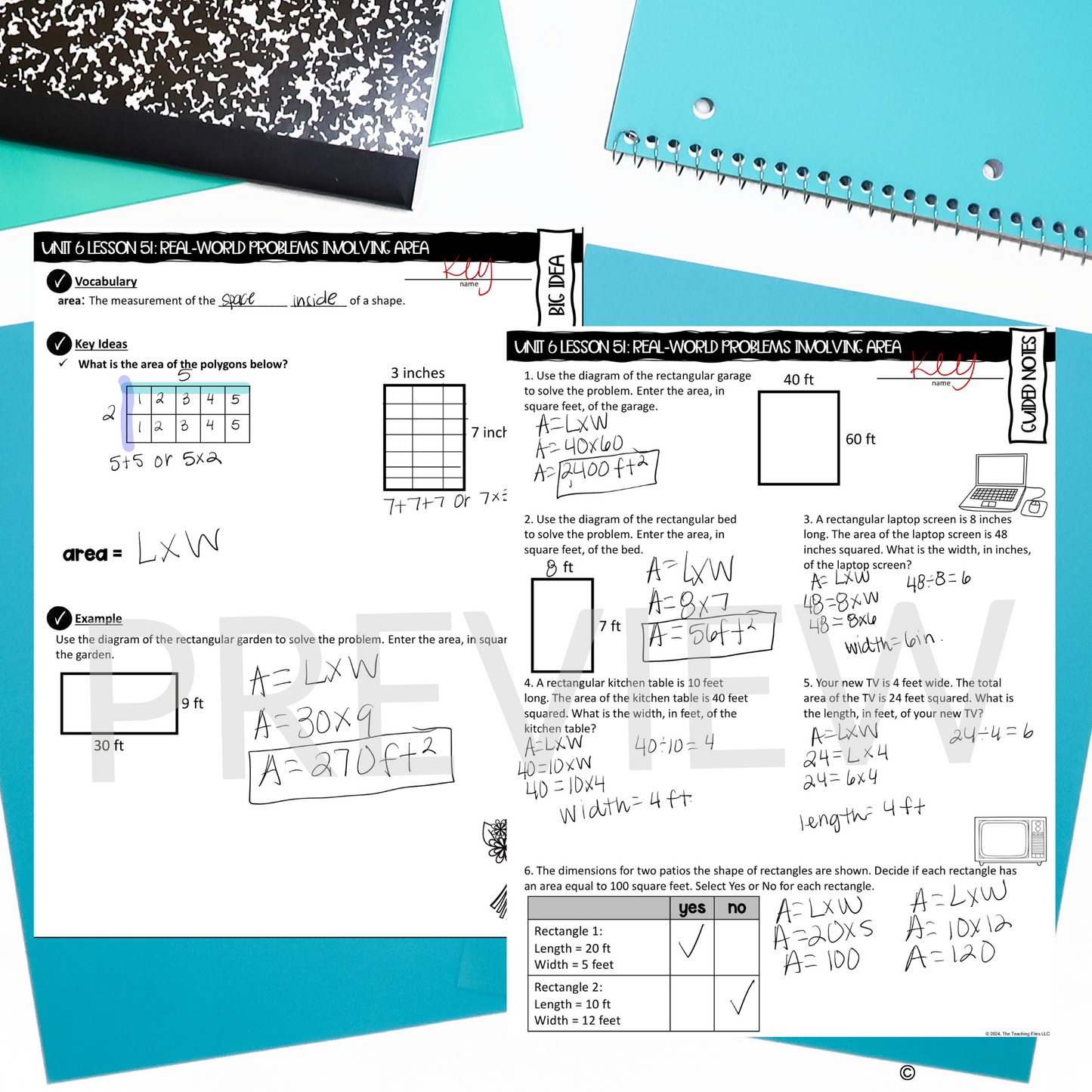 Area Word Problems Guided Notes Lesson 4th Grade Math CCSS-Aligned