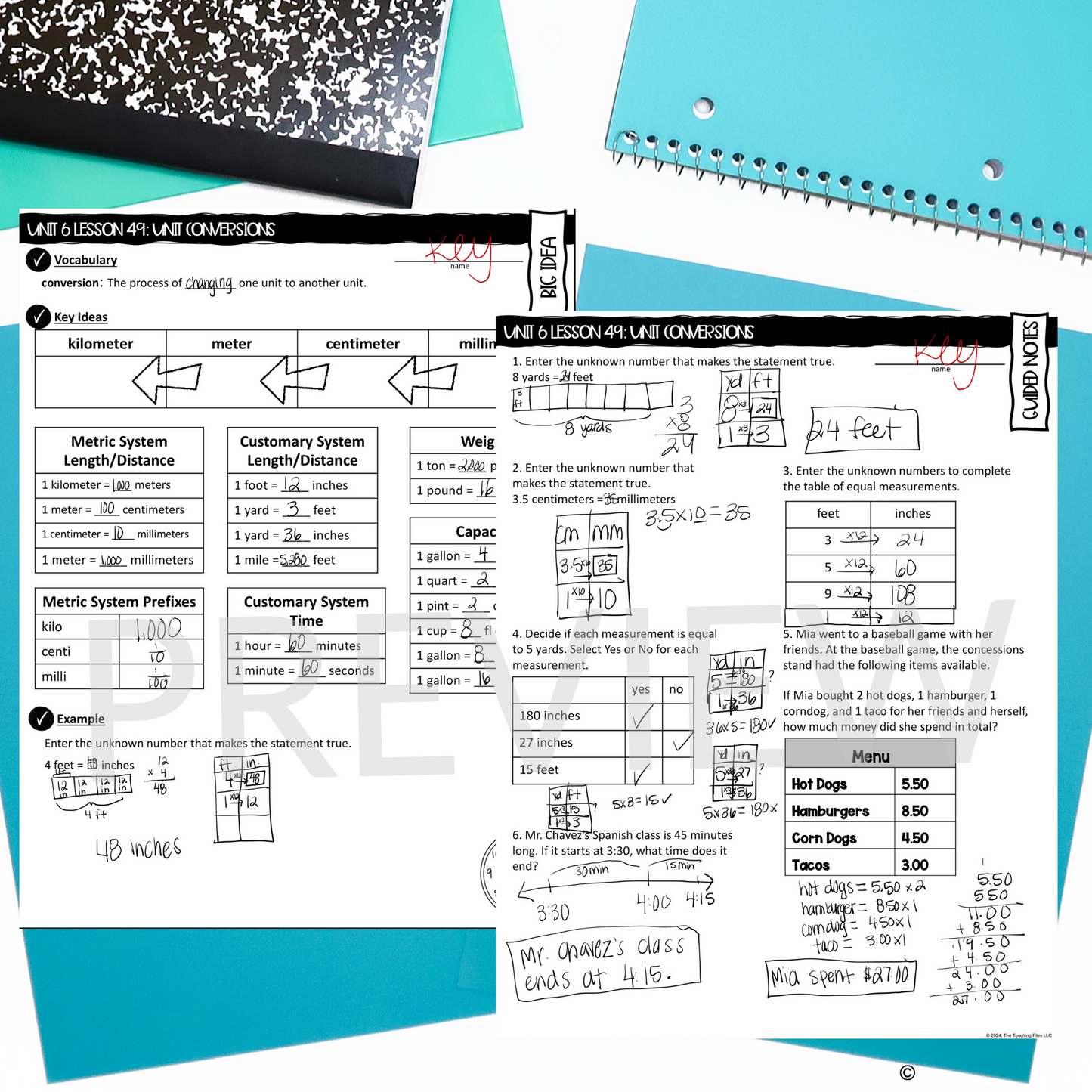 Unit Conversions Guided Notes Lesson 4th Grade Math CCSS-Aligned