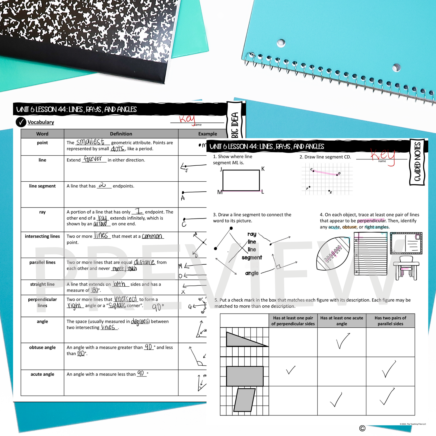 Lines Rays and Angles Guided Notes Lesson 4th Grade Math CCSS-Aligned