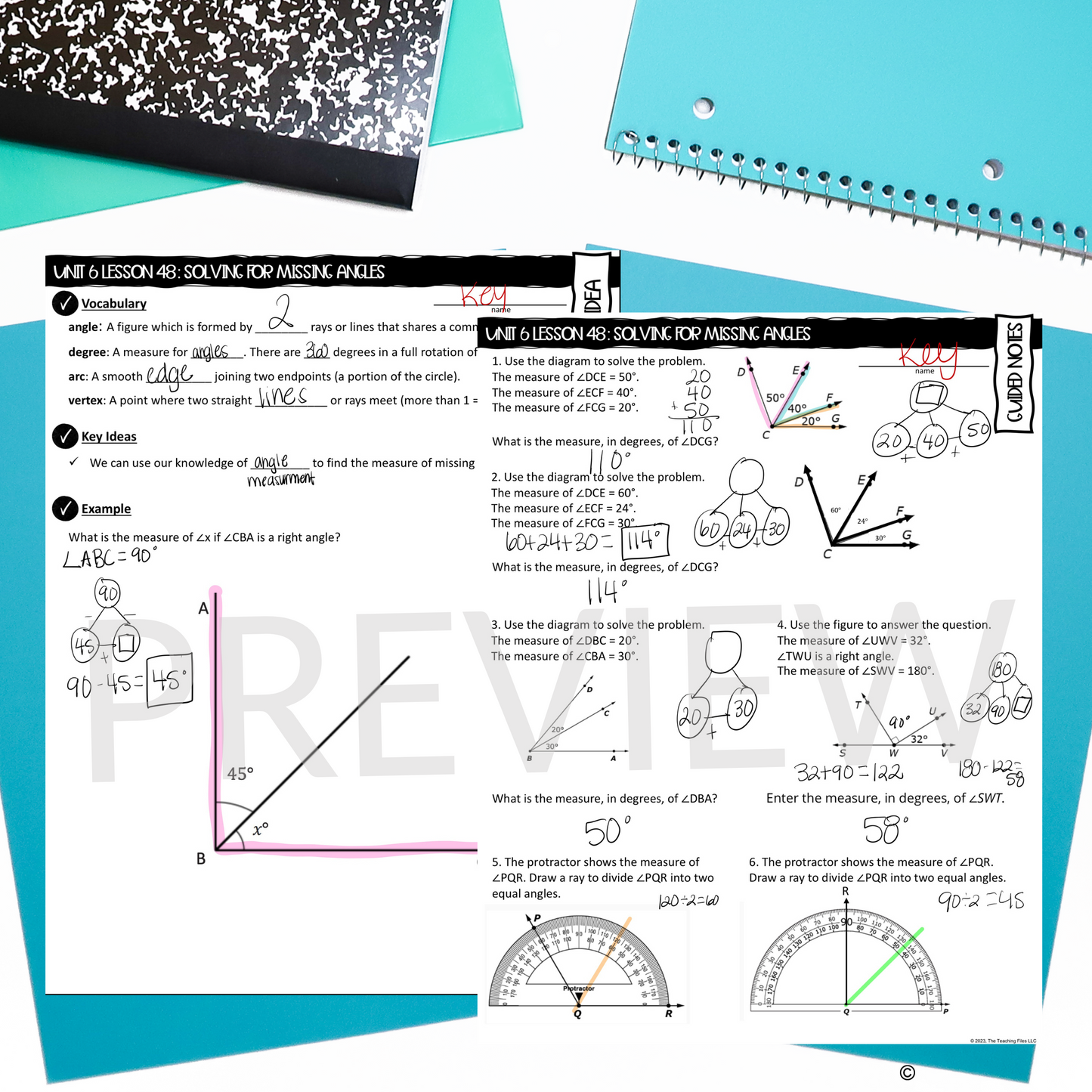 Missing Angles Guided Notes Lesson 4th Grade Math CCSS-Aligned