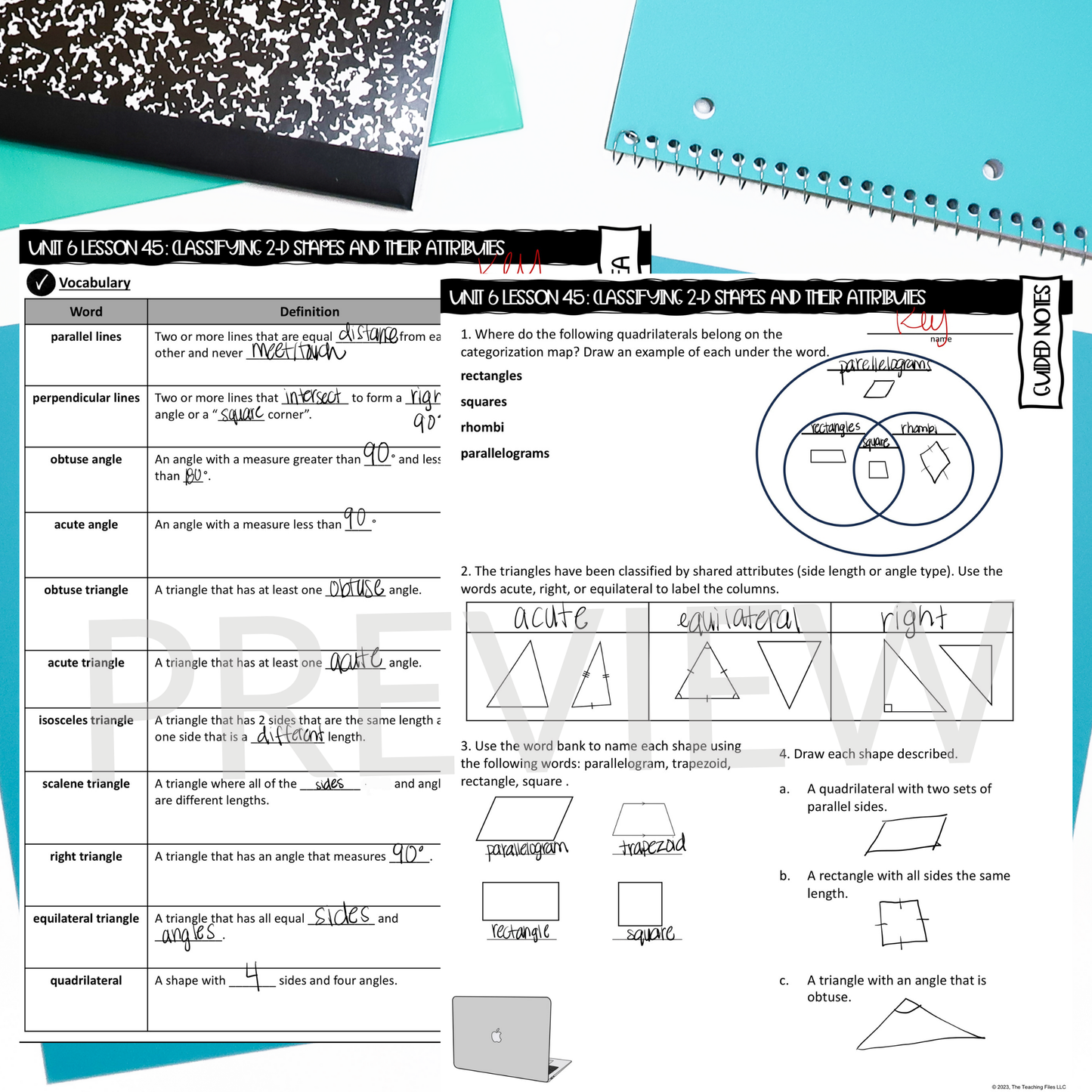 Classifying 2-D Shapes Guided Notes Lesson 4th Grade Math CCSS-Aligned