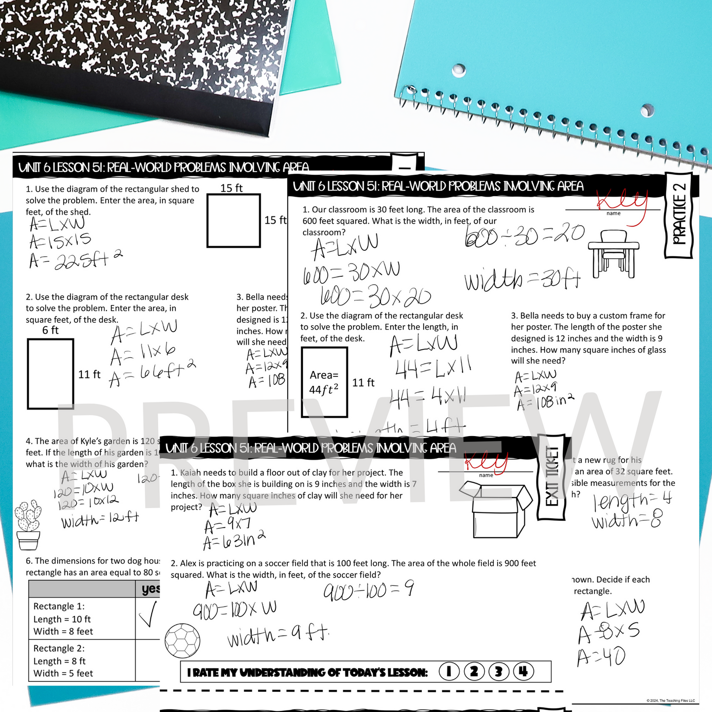 Area Word Problems Guided Notes Lesson 4th Grade Math CCSS-Aligned