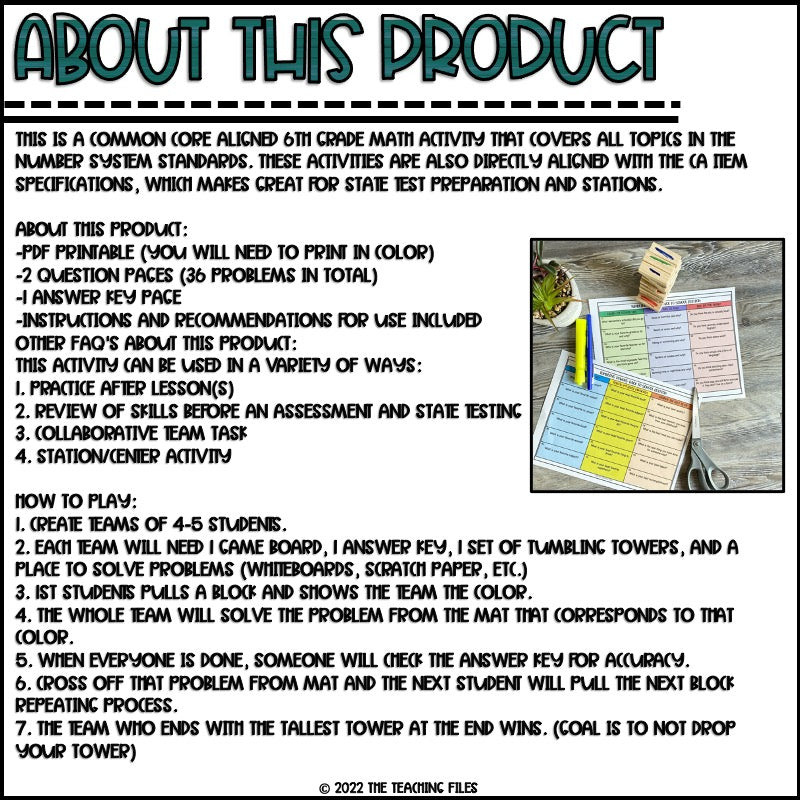 The Number System Integers | 6th Grade Math Tumbling Towers Activity