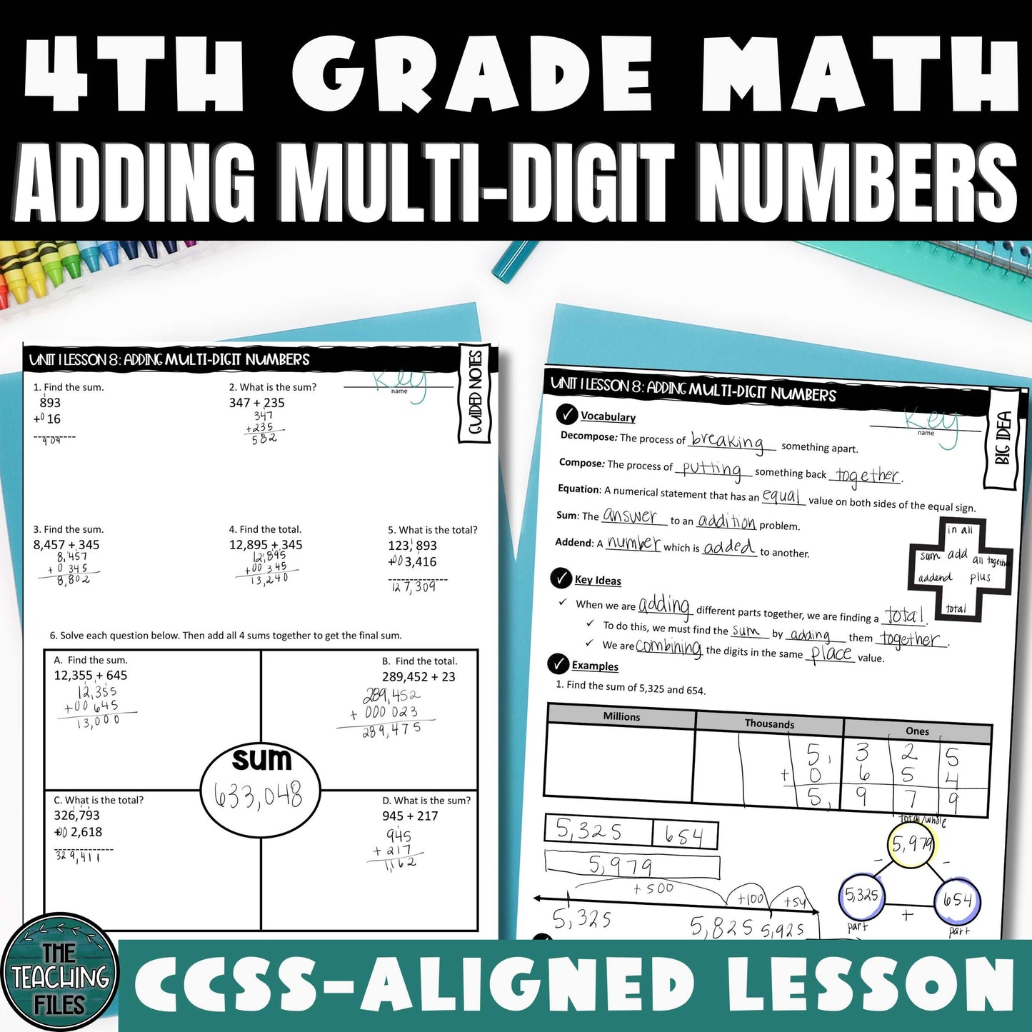 Adding Multi-Digit Numbers 4th Grade Math Guided Notes Lesson CCSS-Aligned